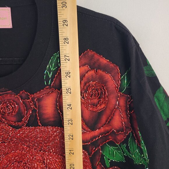 Mfi-Jean Black T-Shirt With Red Beaded Rose Embroidery - Size Medium - Picture 4 of 7